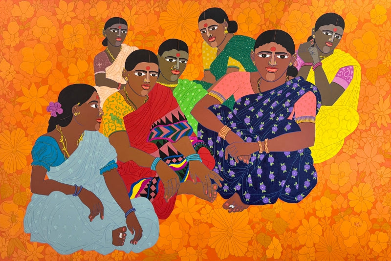 'Saptamatrikas' figurative acrylic painting by artist Laxman Aelay, 48x72 inch, on linen canvas