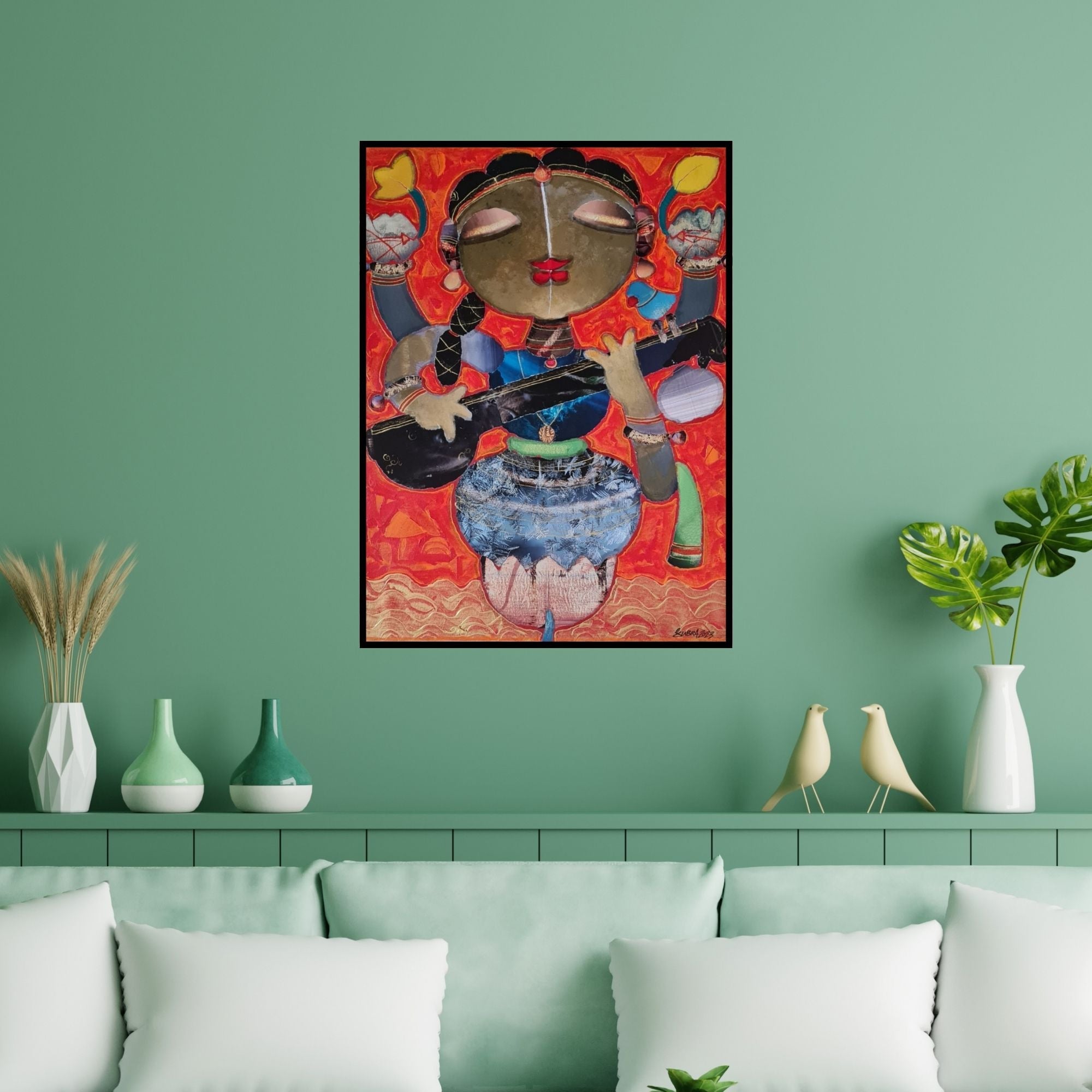 Preview of 'Saraswathi (Saraswati's Divine Melody)' Painting by G Subramanian shown on a wall in a furnished room.