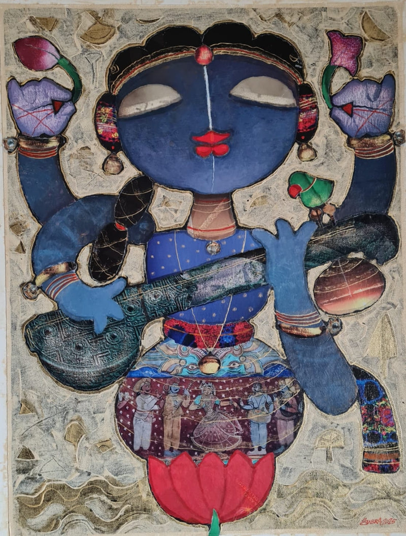 'Saraswathi' religious mixed-media painting by artist G Subramanian, 24x18 inch, on canvas