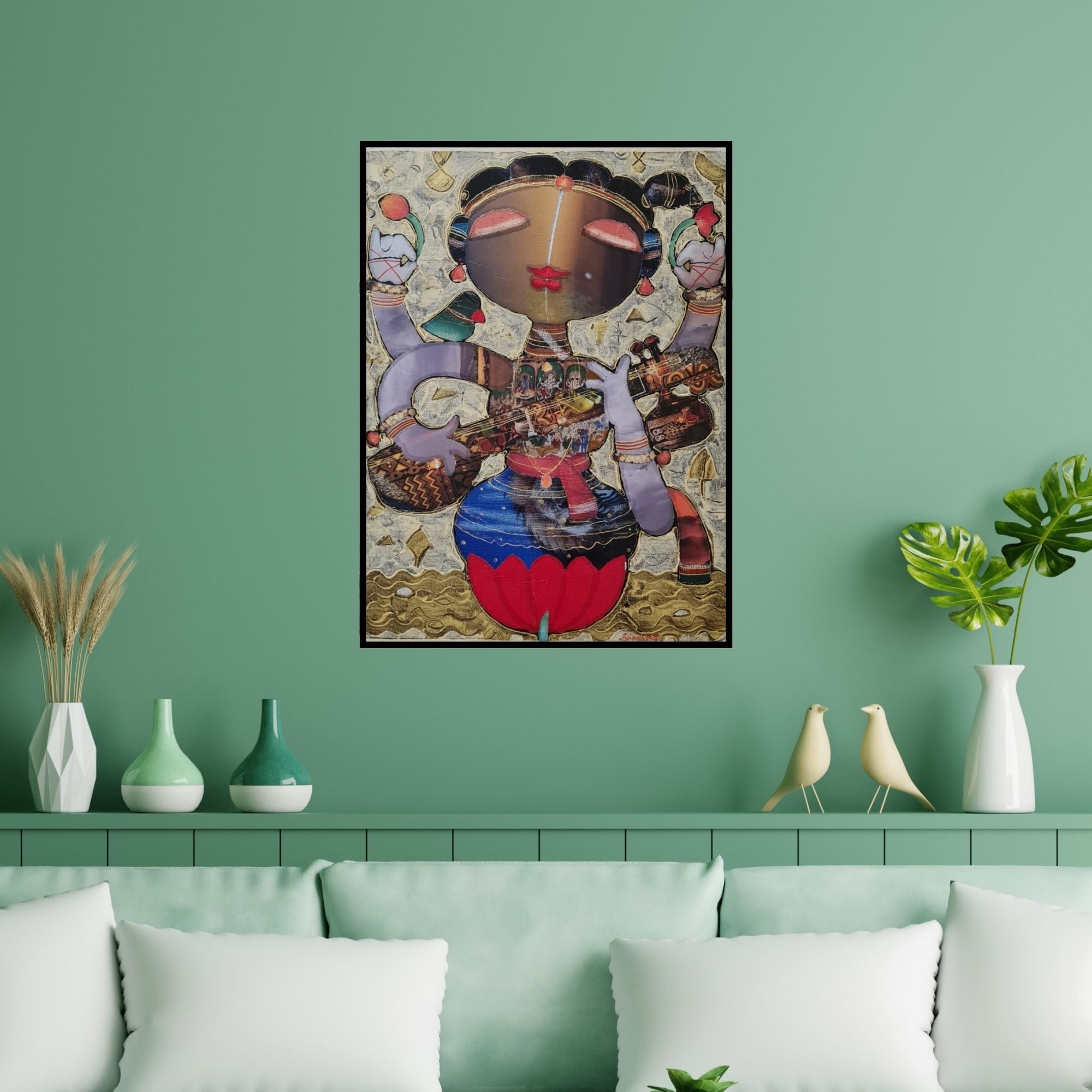 Preview of 'Saraswathi (Celestial Melody)' Painting by G Subramanian shown on a wall in a furnished room.