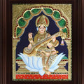 Religious tanjore traditional art titled 'Saraswathi Tanjore Painting', 24x18 inches, by artist Myangadi Tanjore on Plywood