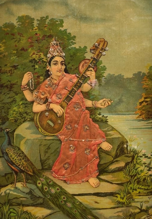 Saraswathy' religious oleograph painting by artist Raja Ravi Varma, 26x19 inch, on paper