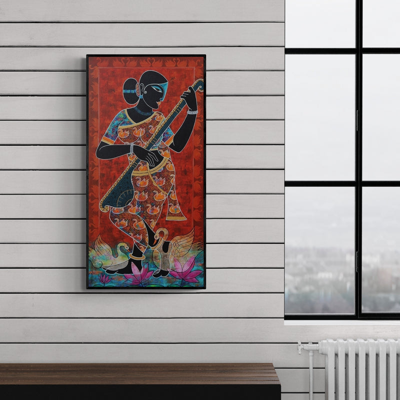 Preview of 'Saraswati (Woman Musician with Saraswati Veena)' Painting by Pratiksha Channekar shown on a wall in a furnished room.