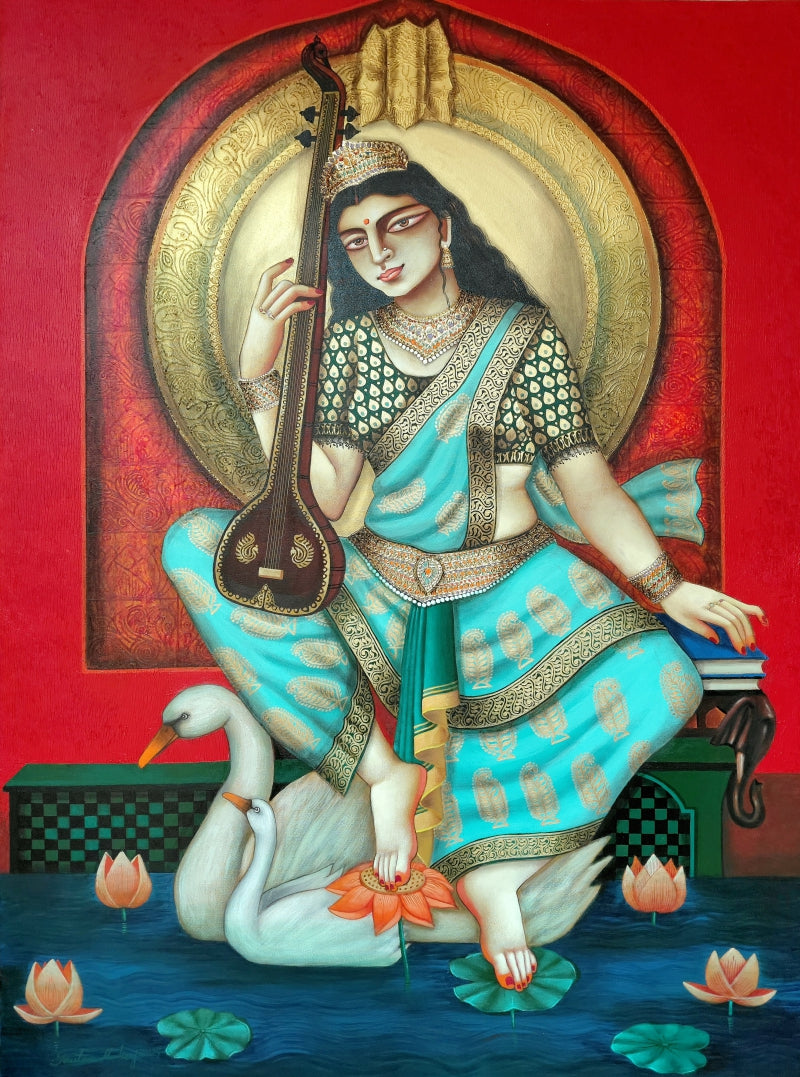Saraswati' religious acrylic painting by artist Gautam Mukherjee, 48x36 inch, on canvas