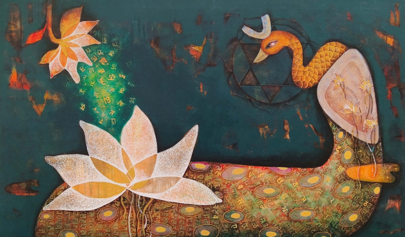 Saraswati' religious acrylic painting by artist Pooja Mhatre, 30x60 inch, on canvas