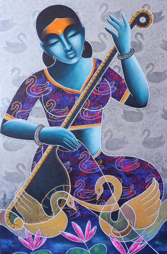 Saraswati' figurative acrylic-charcoal painting by artist Pratiksha Bothe, 36x24 inch, on canvas