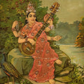 Saraswati' religious oleograph painting by artist Raja Ravi Varma, 25x19 inch, on paper