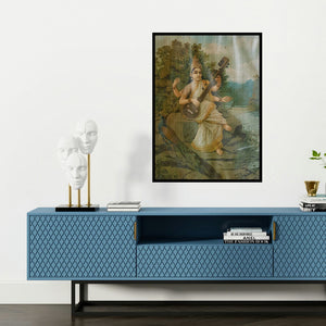 'Saraswati 7 (Saraswati, Goddess of the Arts)' painting by Raja Ravi Varma shown on a wall in a furnished room.