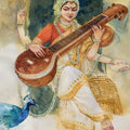 Saraswati' religious watercolor painting by artist Abhisarika Nayika, 21x15 inch, on paper
