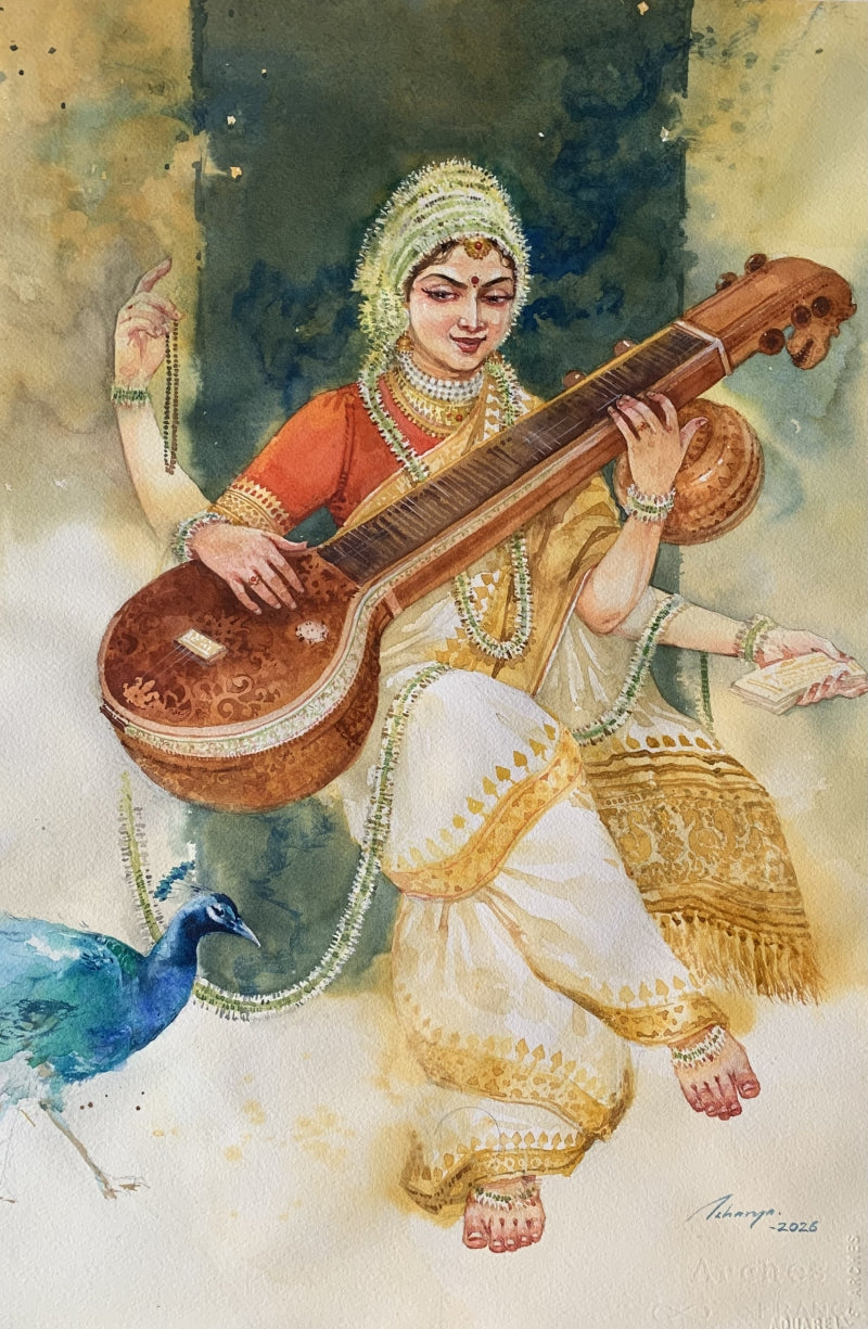 Saraswati' religious watercolor painting by artist Abhisarika Nayika, 21x15 inch, on paper