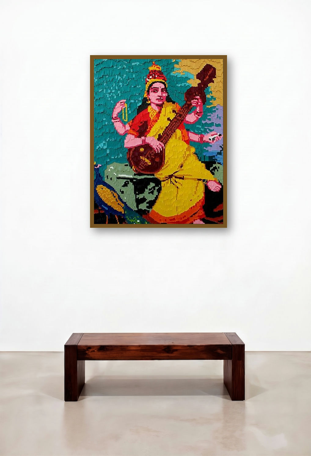 Sarswati Ji (The Divine Saraswati) by artist Mehul Rathod displayed in a Japandi Library