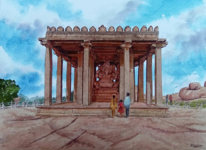 Sasivekalu Ganesha Temple Hampi' religious watercolor painting by artist Rahul Salve, 10x14 inch, on paper