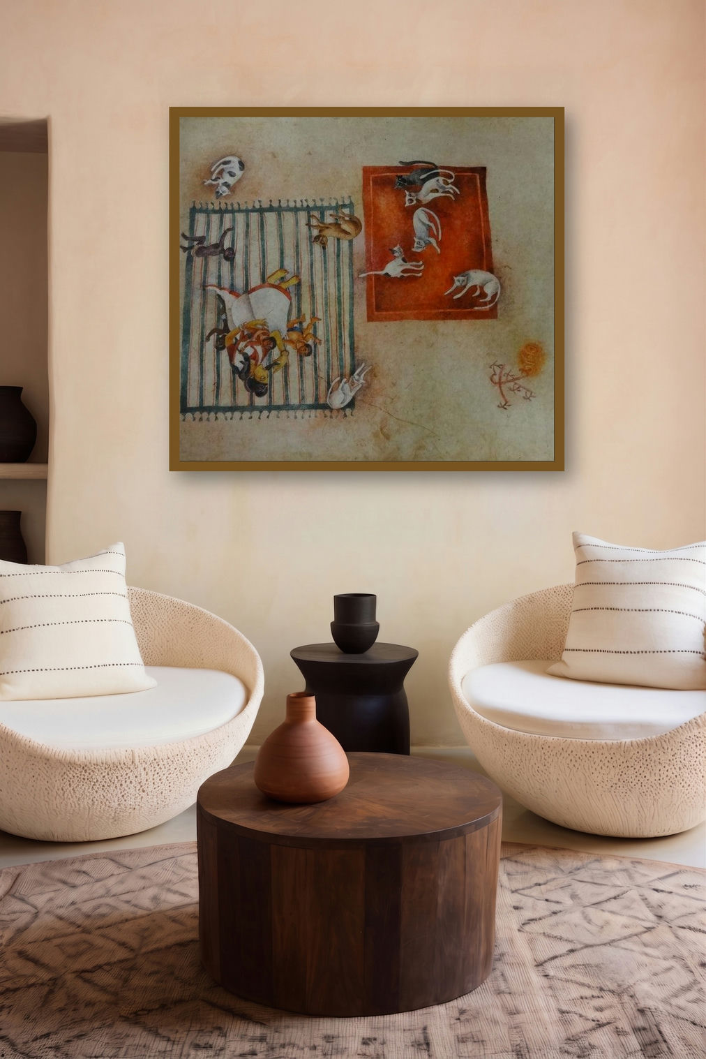 Sasthi (Feline Frolic) by artist Arpita Basu displayed in a Indian Art gallery