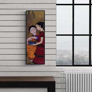 Preview of 'Satisfaction (A Bond of Connection)' Painting by Rahul Mhetre shown on a wall in a furnished room.