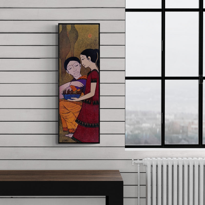 Preview of 'Satisfaction (A Bond of Connection)' Painting by Rahul Mhetre shown on a wall in a furnished room.