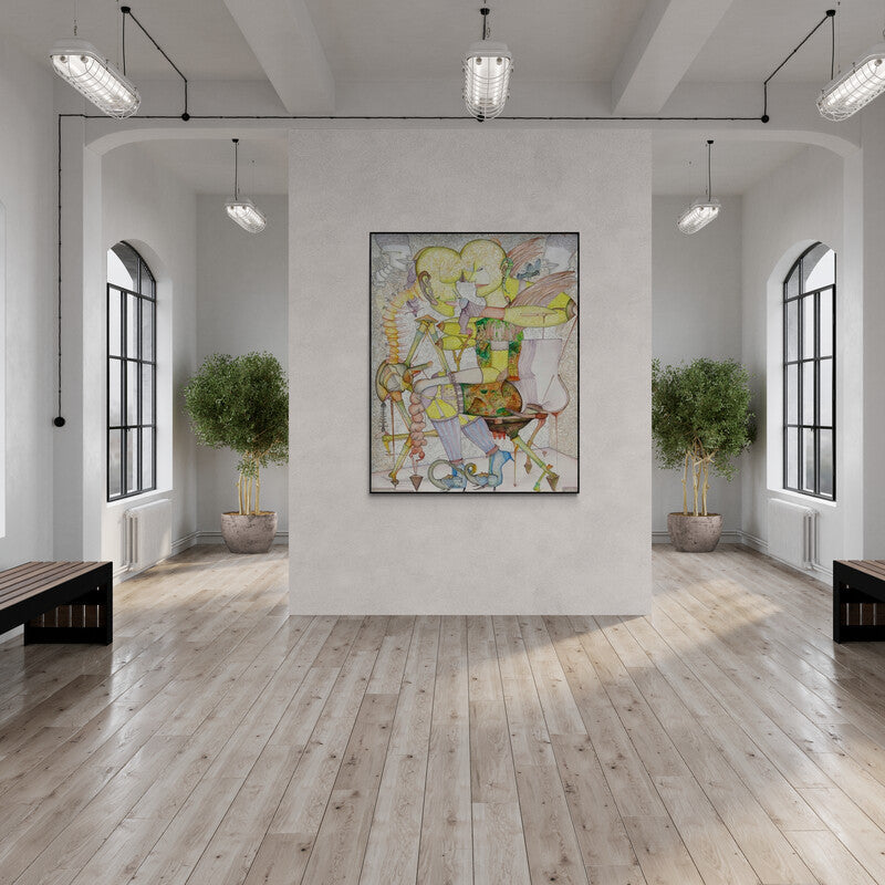 Preview of 'Saw 13 (Surreal Seated Figure)' Painting by Hrusikesh Biswal shown on a wall in a furnished room.