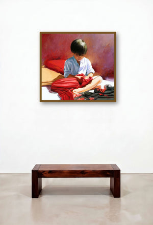 Scarves by artist Jose Higuera displayed in a Japandi Living Room
