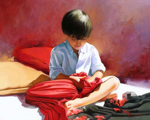 Scarves by Jose Higuera, Original Oil Figurative Painting on Canvas, Medium Horizontal Wall Art