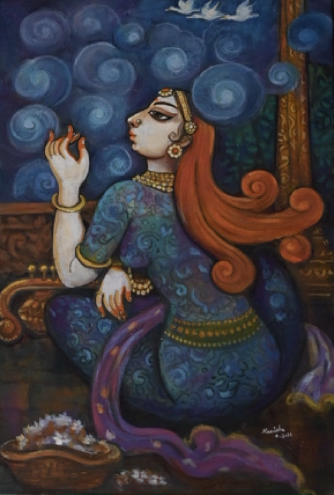 Scene From Meghdoot' religious acrylic painting by artist Manisha Srivastava, 24x18 inch, on canvas