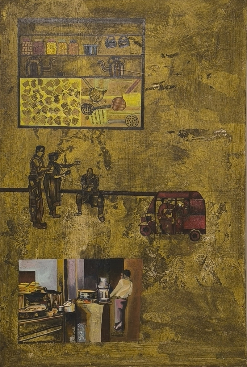 'Scenes That Happen Between Cups' contemporary oil painting by artist Mona Dalal, 36x24 inch, on canvas