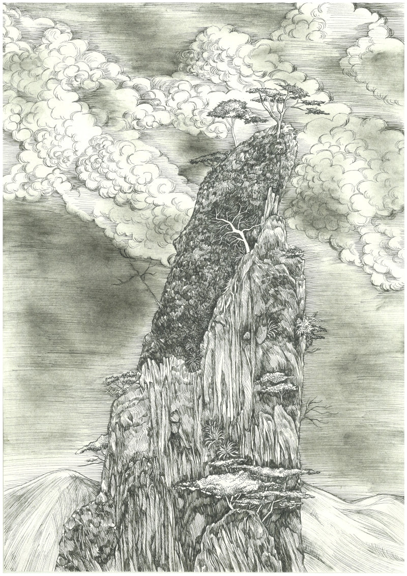 Scenic Site' landscape mixed-media drawing by artist Ninoshka Dias, 17x12 inch, on paper