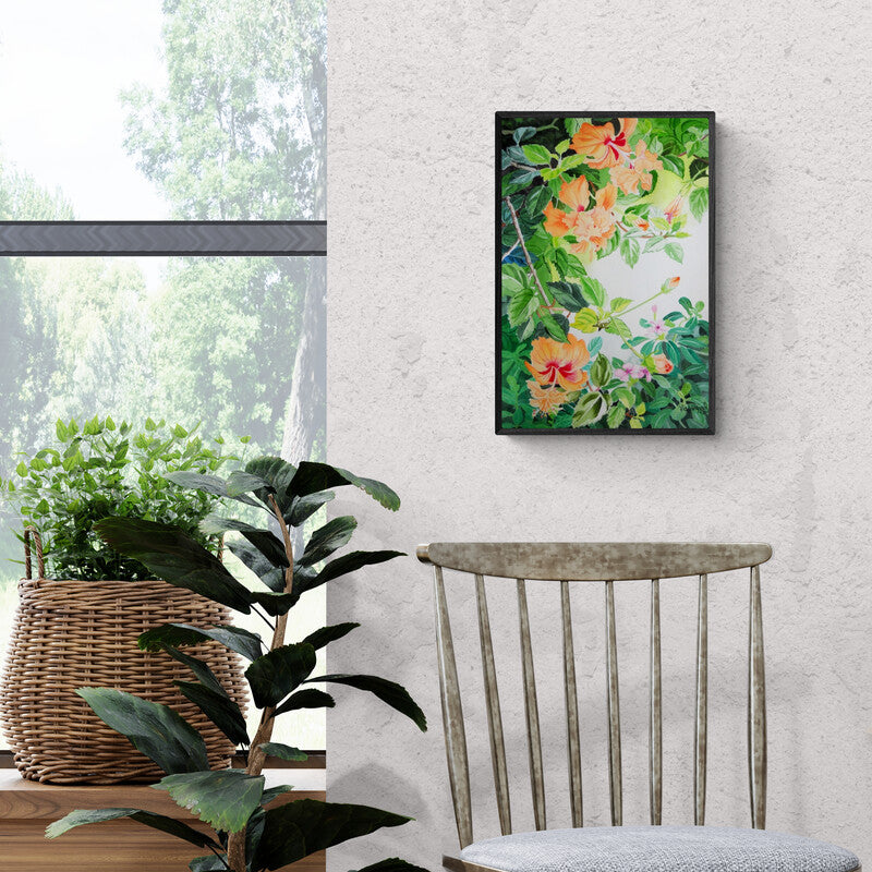 Vishwajyoti Mohrhoff's 'Schizopetalus Hibiscus And Catharanthus (Sunlit Blooms: A Burst of Color)' Painting visualized above a sofa in a contemporary room