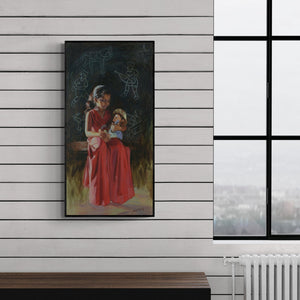 Preview of 'School Poem' Painting by Swapnil Patil shown on a wall in a furnished room.