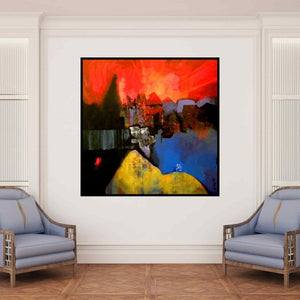 In-situ view of Pradip Sengupta's 'Scream (Cityscape in Red)' painting in a room