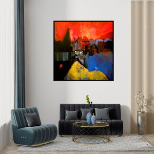 Preview of 'Scream (Cityscape in Red)' Painting by Pradip Sengupta shown on a wall in a furnished room.