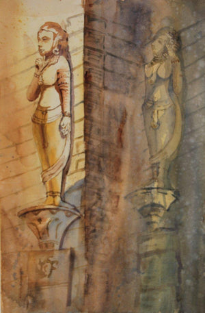 Sculptures At Hathisingh (Apsara Figures) by Krupa Shah, Original Watercolor Cityscape Painting on Paper, Small Vertical Wall Art
