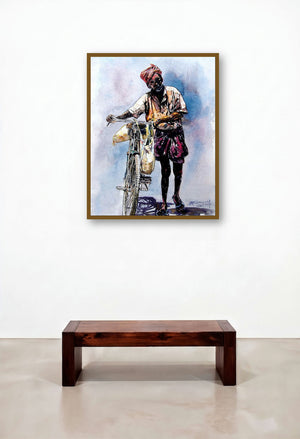 Scycle With Man (Pedal Pusher) by artist Srv Artist displayed in a Urban Loft Hotel Lobby