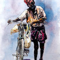 Figurative watercolor painting titled 'Scycle With Man', 15x11 inches, by artist SRV ARTIST on Handmade Paper
