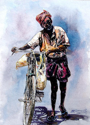 Scycle With Man (Pedal Pusher) by Srv Artist, Original Watercolor Figurative Painting on Handmade Paper, Small Vertical Wall Art