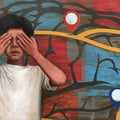 In Search Of Direction' figurative mixed-media painting by artist Manish Solanki, 24x48 inch, on canvas
