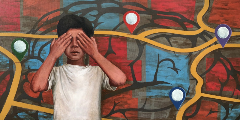 In Search Of Direction' figurative mixed-media painting by artist Manish Solanki, 24x48 inch, on canvas