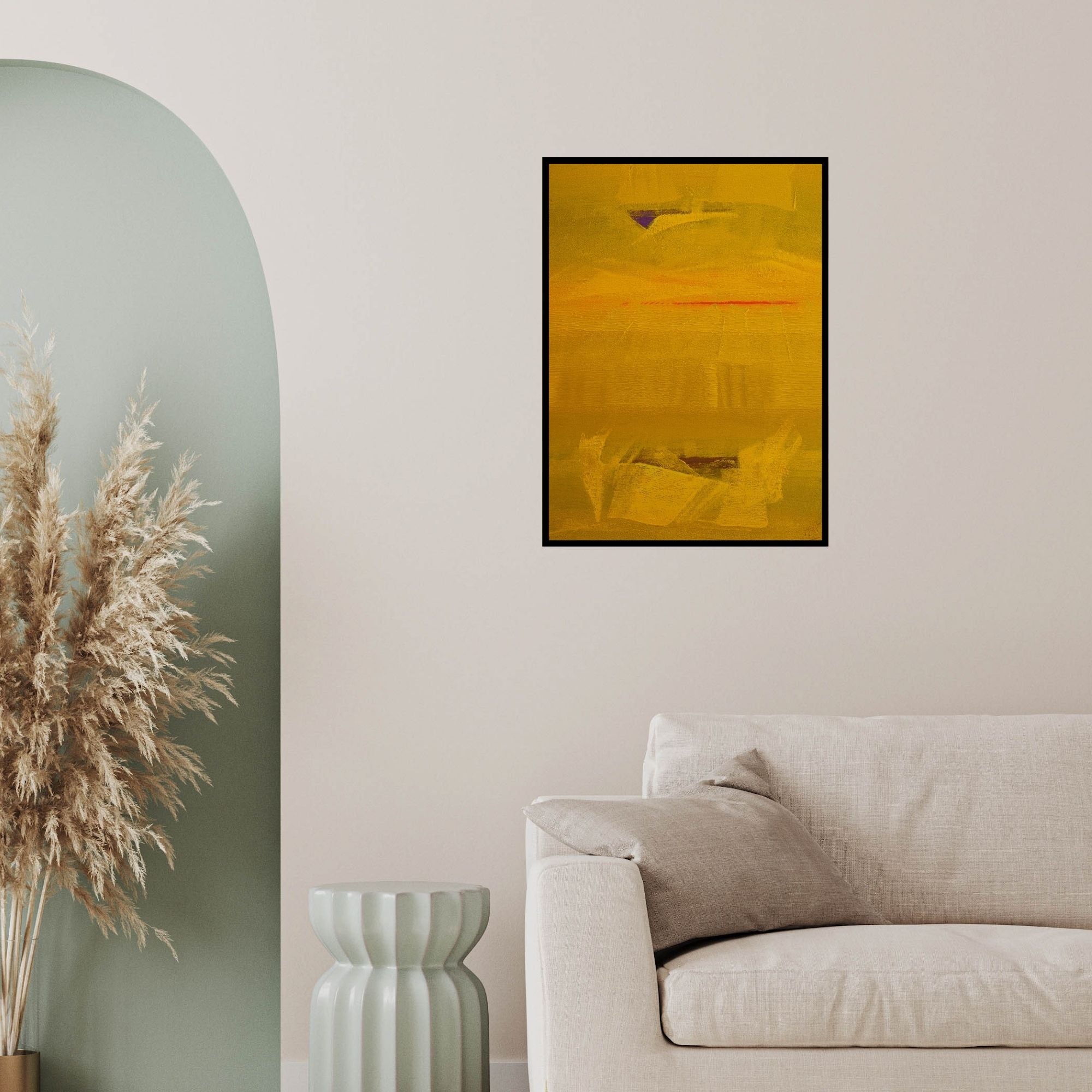 In-situ view of Raghu Neware's 'Search Of Eternity 1032 (Golden Horizon)' painting in a room
