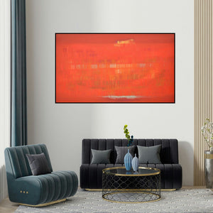 Raghu Neware's 'Search Of Eternity 16 (Cinnabar Dream)' painting visualized above a sofa in a contemporary room.