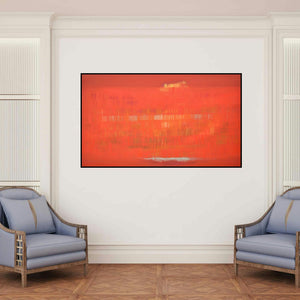 'Search Of Eternity 16 (Cinnabar Dream)' painting by Raghu Neware shown on a wall in a furnished room.