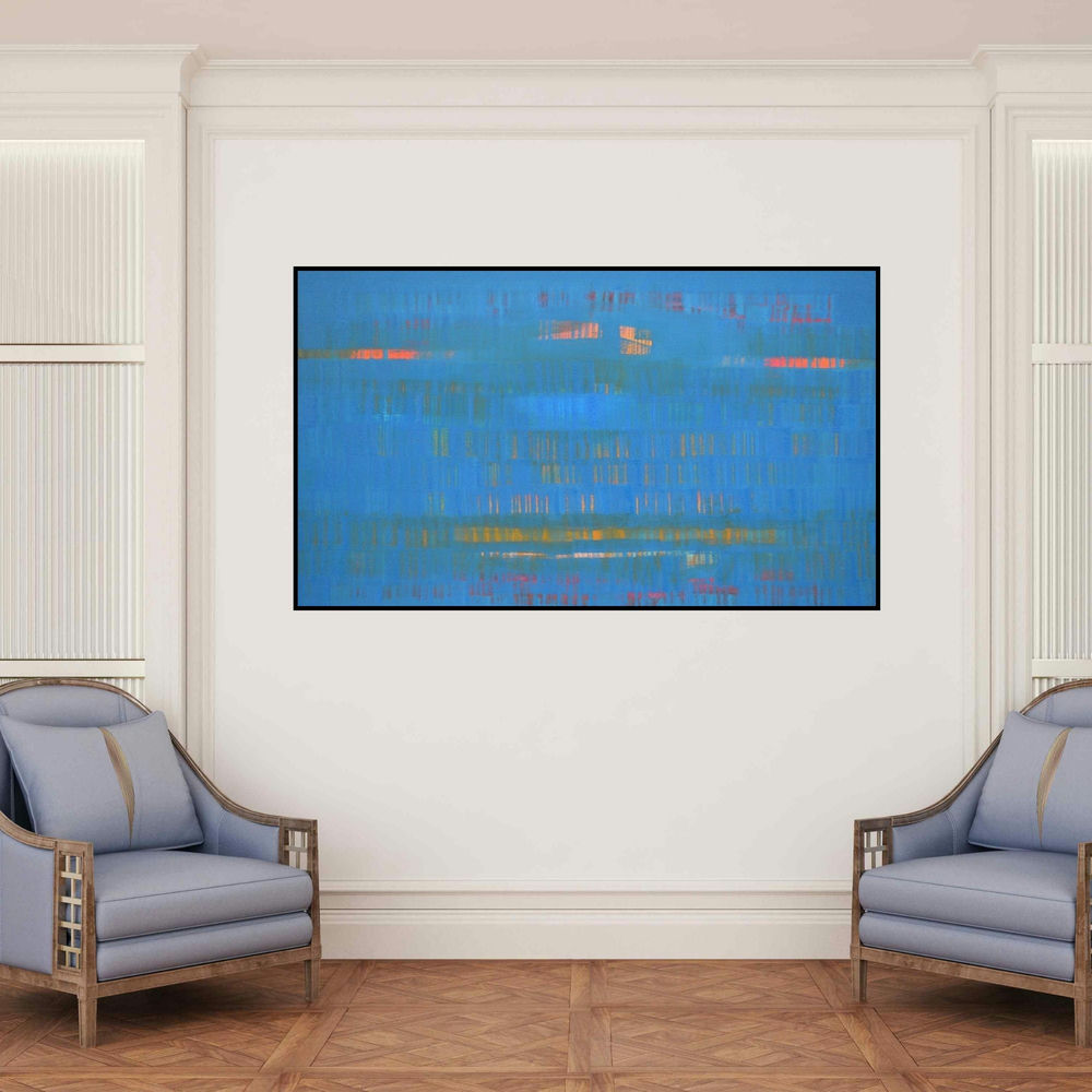 'Search Of Eternity 17 (Cerulean Horizon)' painting by Raghu Neware shown on a wall in a furnished room.