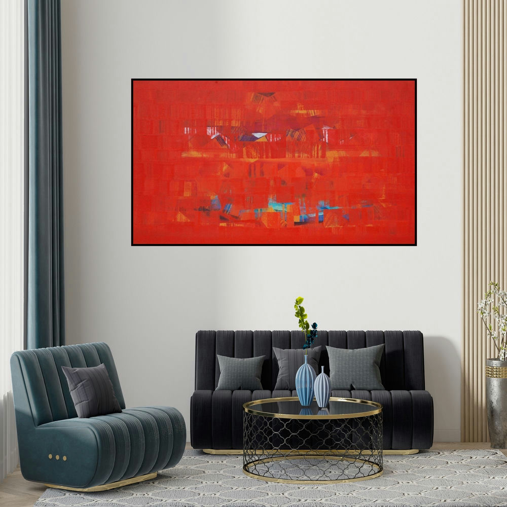 Raghu Neware's 'Search Of Eternity 18 (Ruby Resonance)' painting visualized above a sofa in a contemporary room.