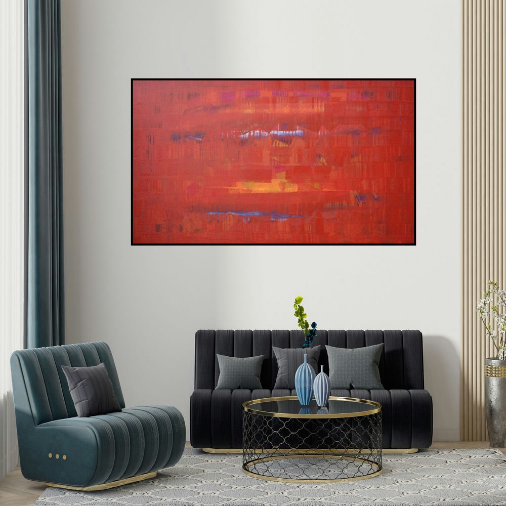 Raghu Neware's 'Search Of Eternity 22 (Fiery Fusion)' painting visualized above a sofa in a contemporary room.