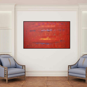 'Search Of Eternity 22 (Fiery Fusion)' painting by Raghu Neware shown on a wall in a furnished room.