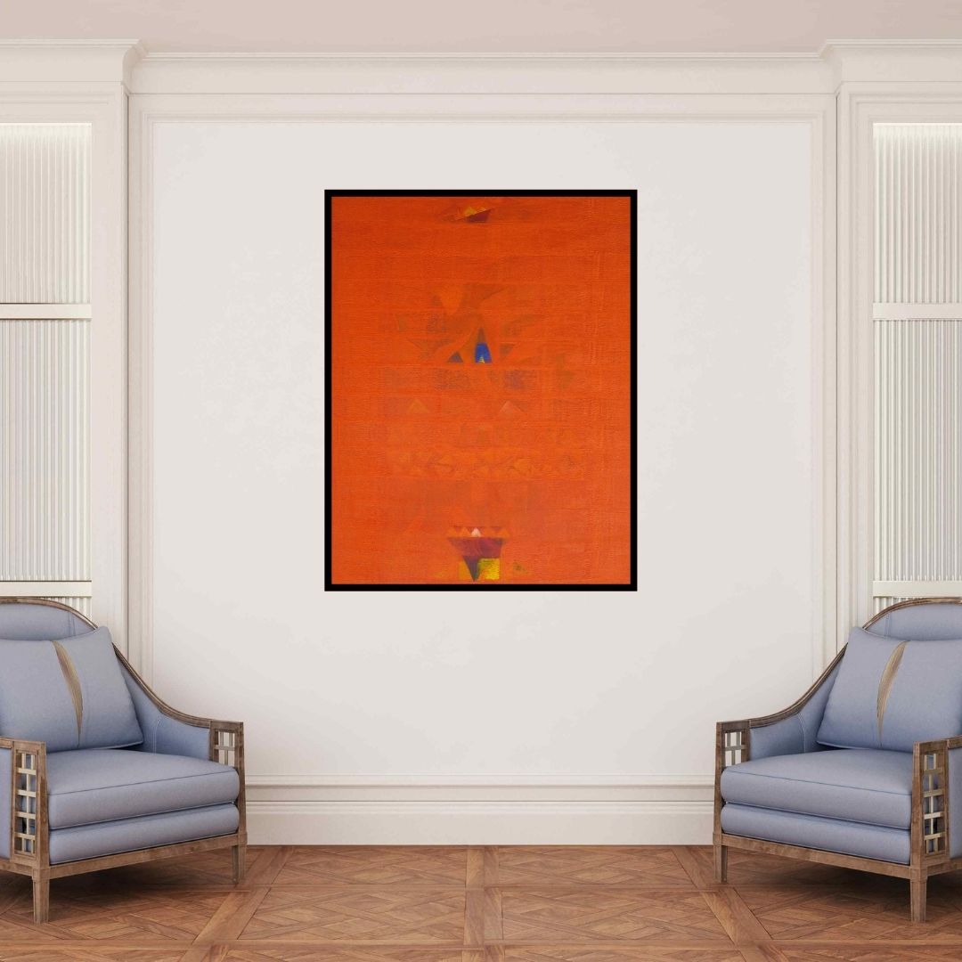 In-situ view of Raghu Neware's 'Search Of Eternity 59 (Crimson Tapestry)' painting in a room