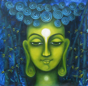 Searching Of Life Iii (Emerald Enlightenment) by Vijaya Ved, Original Oil Figurative Painting on Canvas, Small Square Wall Art