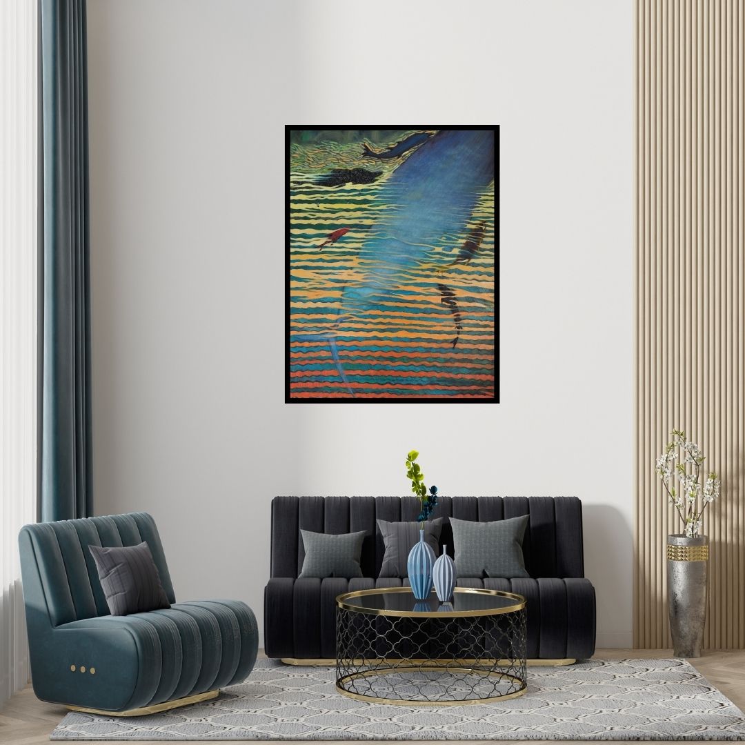 Preview of 'Seascape 1 (Deep Dive)' Painting by Dhananjay Takalikar shown on a wall in a furnished room.