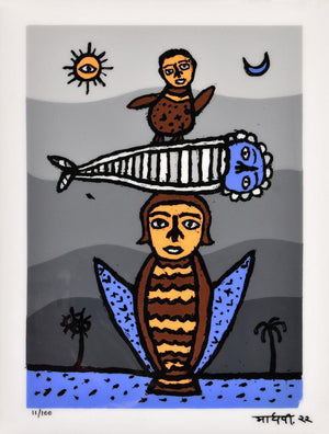 Figurative reverse serigraph painting titled 'Seasick', 16x12 inches, by artist Madhvi Parekh on Acrylic