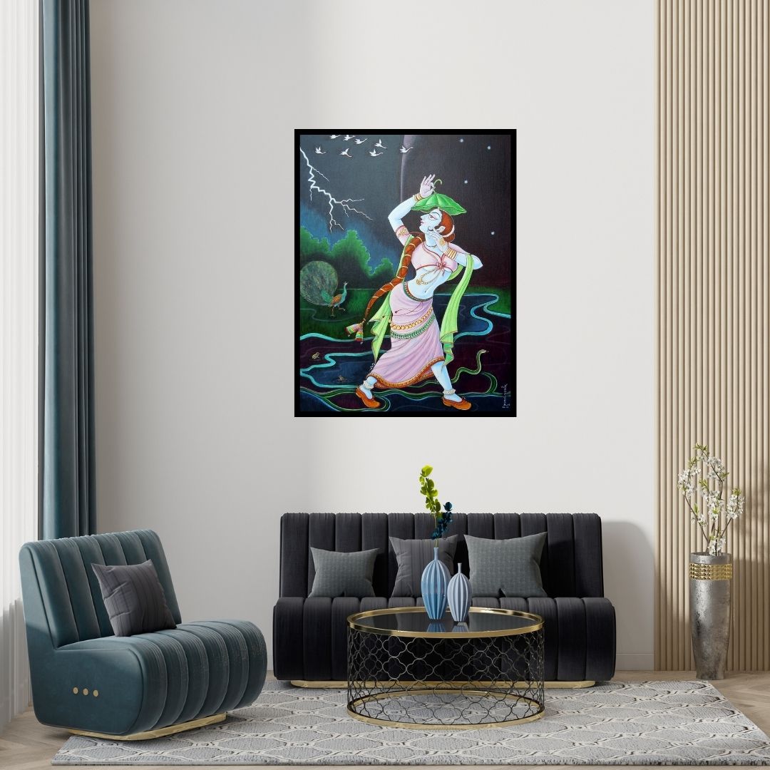 Preview of 'Season 1 (The Storm Dancer)' Painting by Anand Sonar shown on a wall in a furnished room.