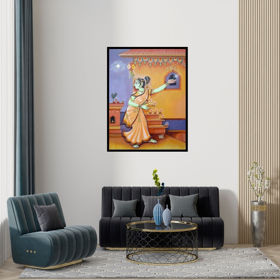 Preview of 'Season 3 (Festival of Lights)' Painting by Anand Sonar shown on a wall in a furnished room.