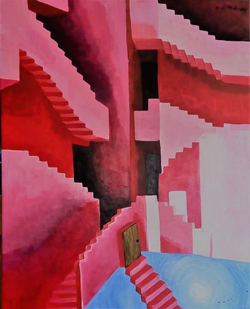 Abstract acrylic painting titled 'Secret Door', 30x24 inches, by artist Kartikey Sharma on Canvas