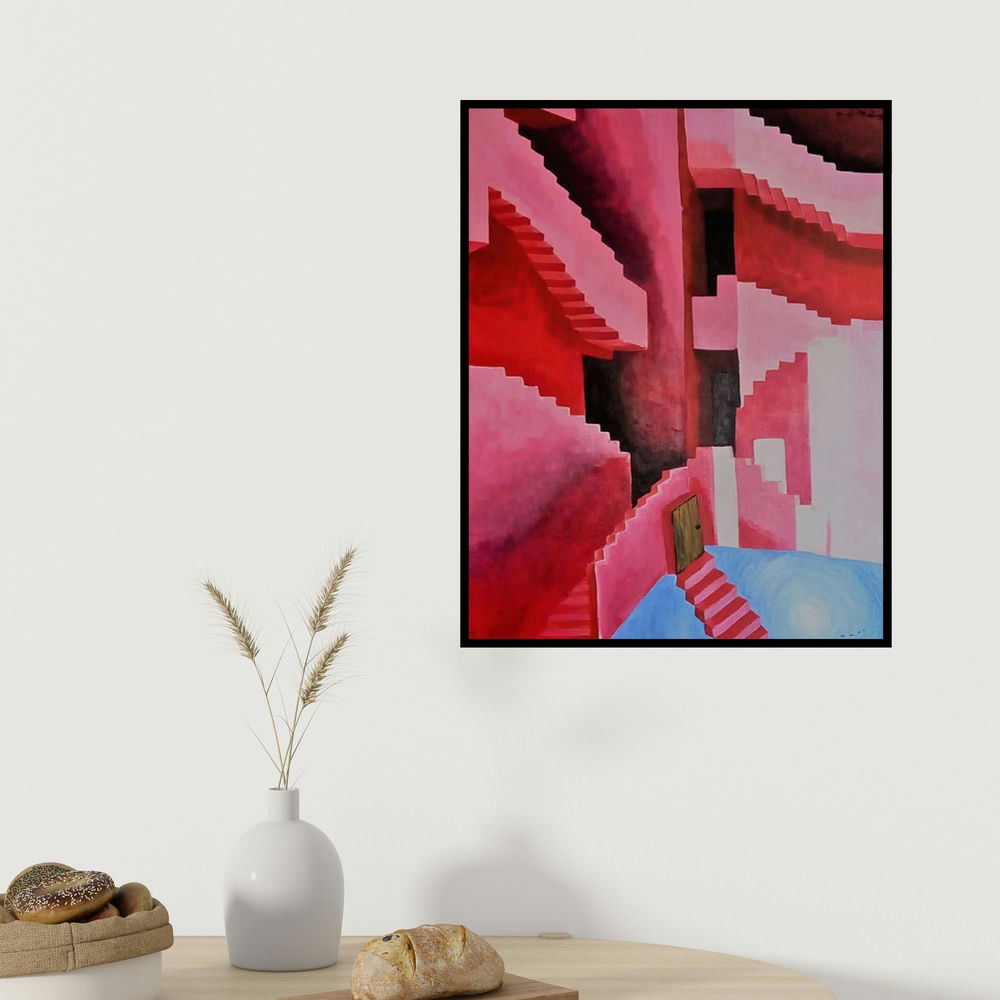 Kartikey Sharma's 'Secret Door' painting visualized above a sofa in a contemporary room.